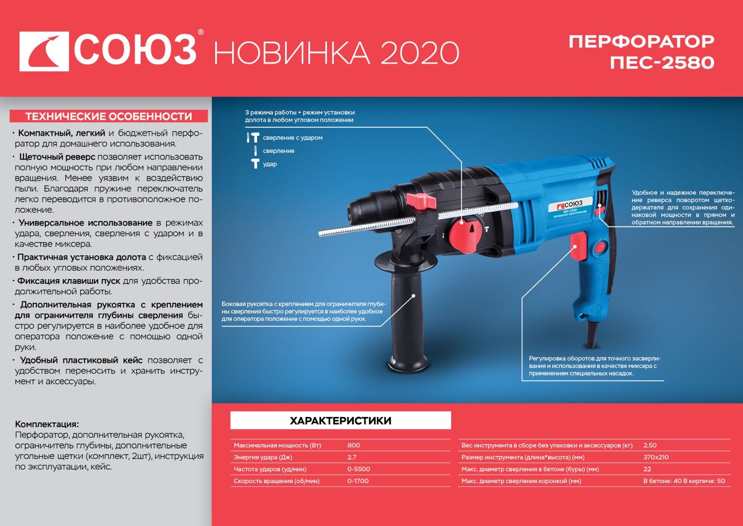 Перфоратор SDS Plus СОЮЗ ПЕС-2580 - 10